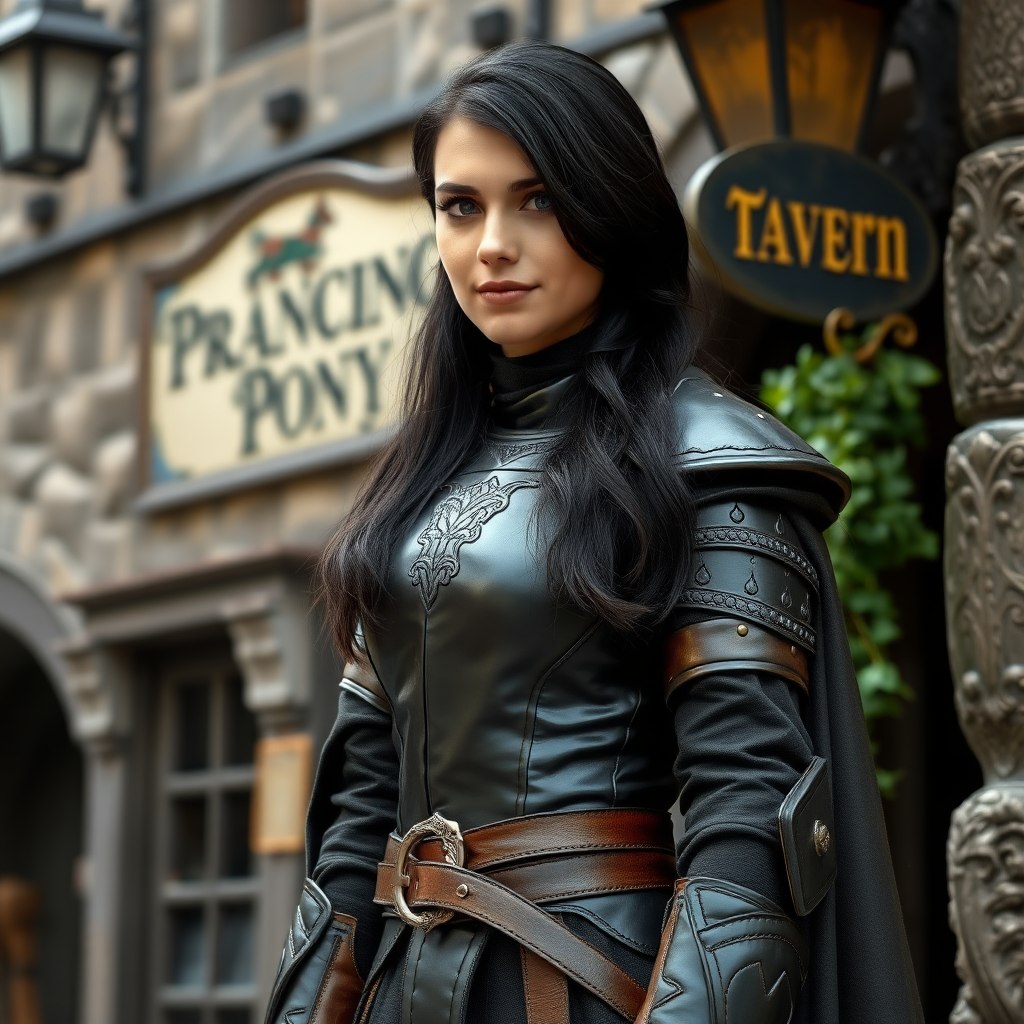 beautiful young woman, dark hair past her shoulders, blue eyes, small, slim figure, wearing full leather armor suit, long cloak, standing next to medieval tavern with sign: "Prancing Pony".