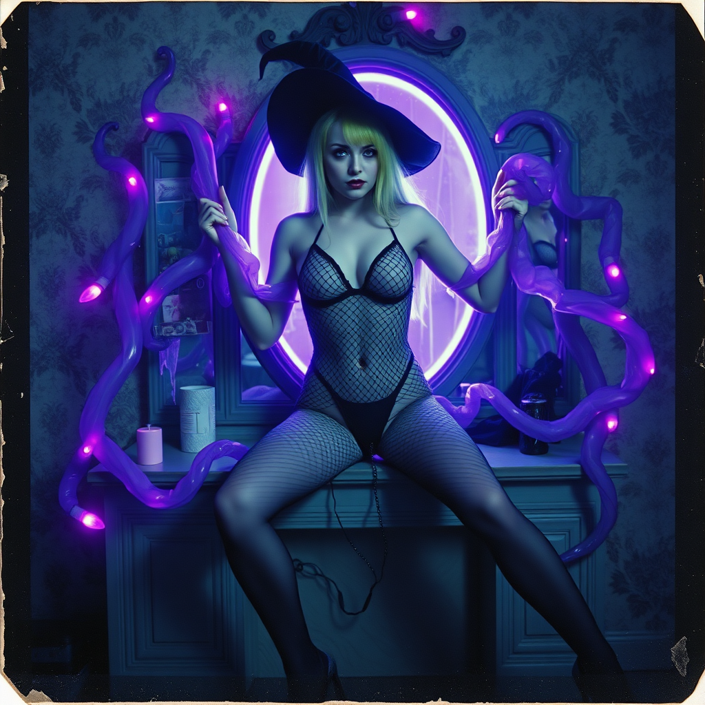 Scan of an nsfw old polaroid photograph with visible wear and heavy vignetting and blue color tint and light leaks, depicting a sexy pale curvy alt goth girl with green hair wearing skimpy fishnet black bodysuit and gstring revealing her nipples and wearing black stockings and high heels, sitting on a builtin vanity with mirror in old house with wallpaper on walls with her knees spread apart.  Camera flash used.  Dark lighting.  Moody and hazy.  Grunge look.  Erotic.  Nude. Pink Christmas Lights on wall.  She is wearing a witch hat and is being restrained by giant glowing translucent slimy jello like purple vines dripping goo coming from inside glowing purple portal in the mirror, wrapping tightly around her arms and legs and torso.  The vines are pulling her back towards the mirror.