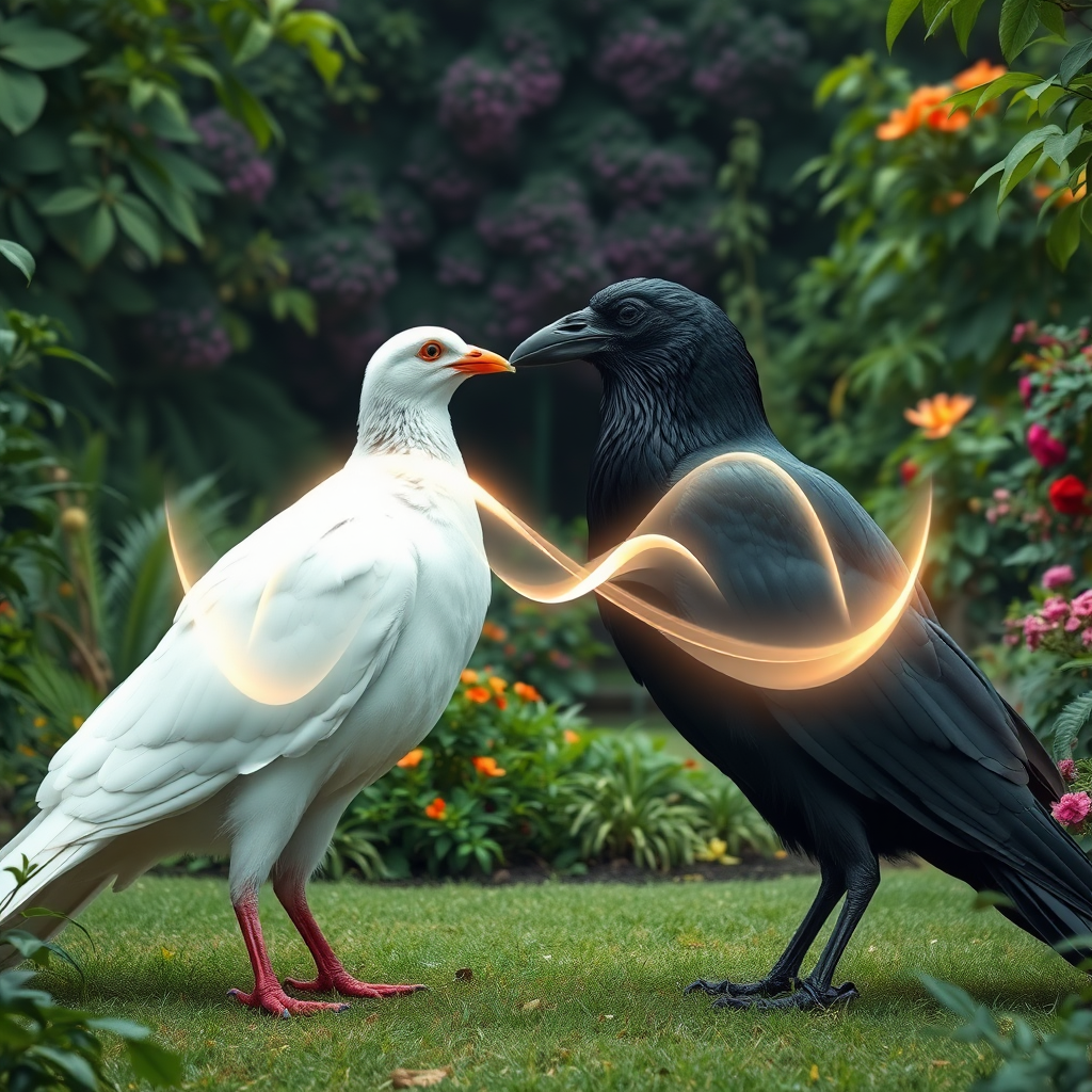 a huge white dove and a huge black crow standing facing each other within a clearing in an incredible lush garden. The beak of the dove is touching the beak of the crow. There is a large abstract infinity symbol of wavy, transparent light energy that intersects at the beaks and covers the entire bodies of the birds