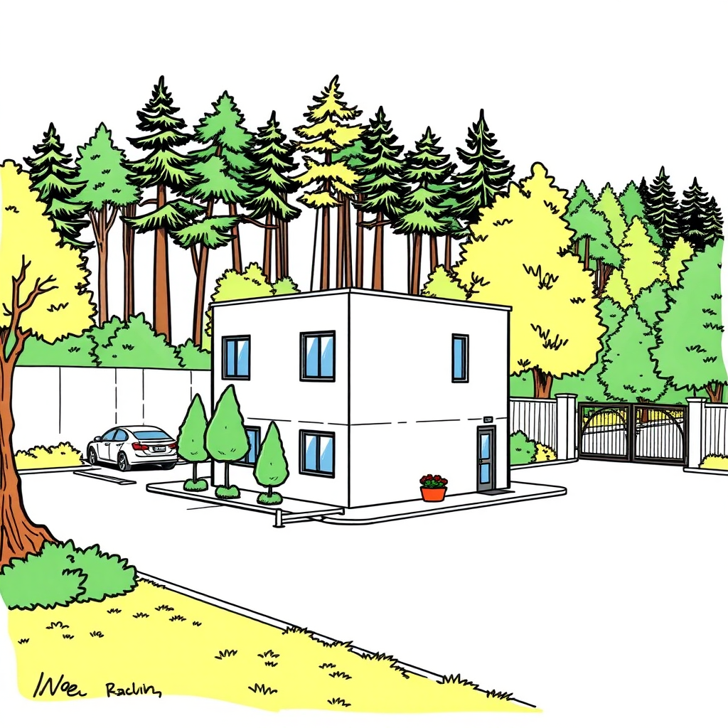 at the back of a small 2 storeys office building on the left in the foreground, a small company parking lot on the left behind the building, borders, trees, wood outskirt on the right, company gate in the background, colorfoul image long establishing shot, 2D, caricature, cartoon, Sketch lines, coloring book, coloring book style on white background, well composed, clean coloring book page, No dither, no gradient, strong outline, No fill, No solids, vector illustration, realistic proportions, left side view