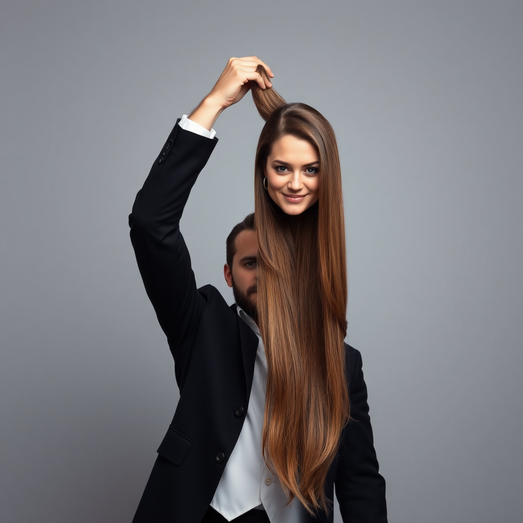 A surreal image of a magician holding up the disembodied head of a very long haired Kate Middleton. He is grabbing her very long hair and pulling it up high in the air, while her head is hanging by her hair from his grasp to display it to the camera. Plain gray background.