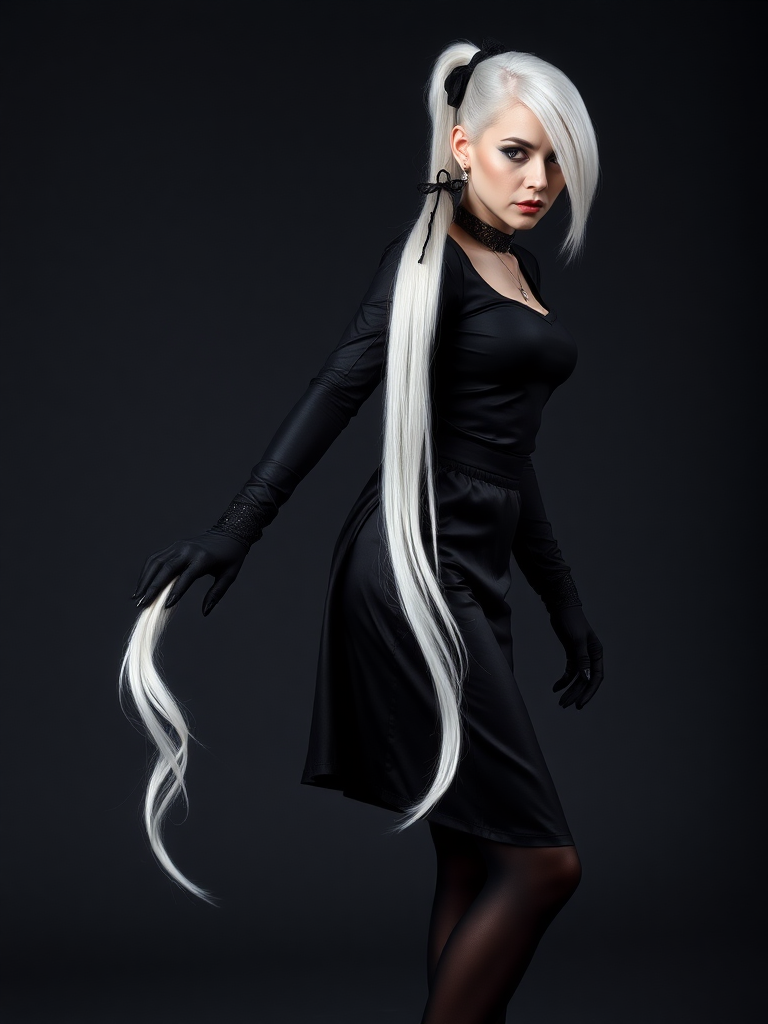 mature adult woman, skinny and tall, long legs, large shoulders, teardrop saggy small breast, long asymmetric undercut layered white hair, side swept bang, long white ponytail tied with a black lace, beautiful detailed face, piercing red eyes with intricate iris details, looking at the camera with a serious expression, wearing gothic style, black silk long sleeve top, black silk long skirt, black pantyhose, black gloves, black ankle boots, standing in a fierce pose with her head held high