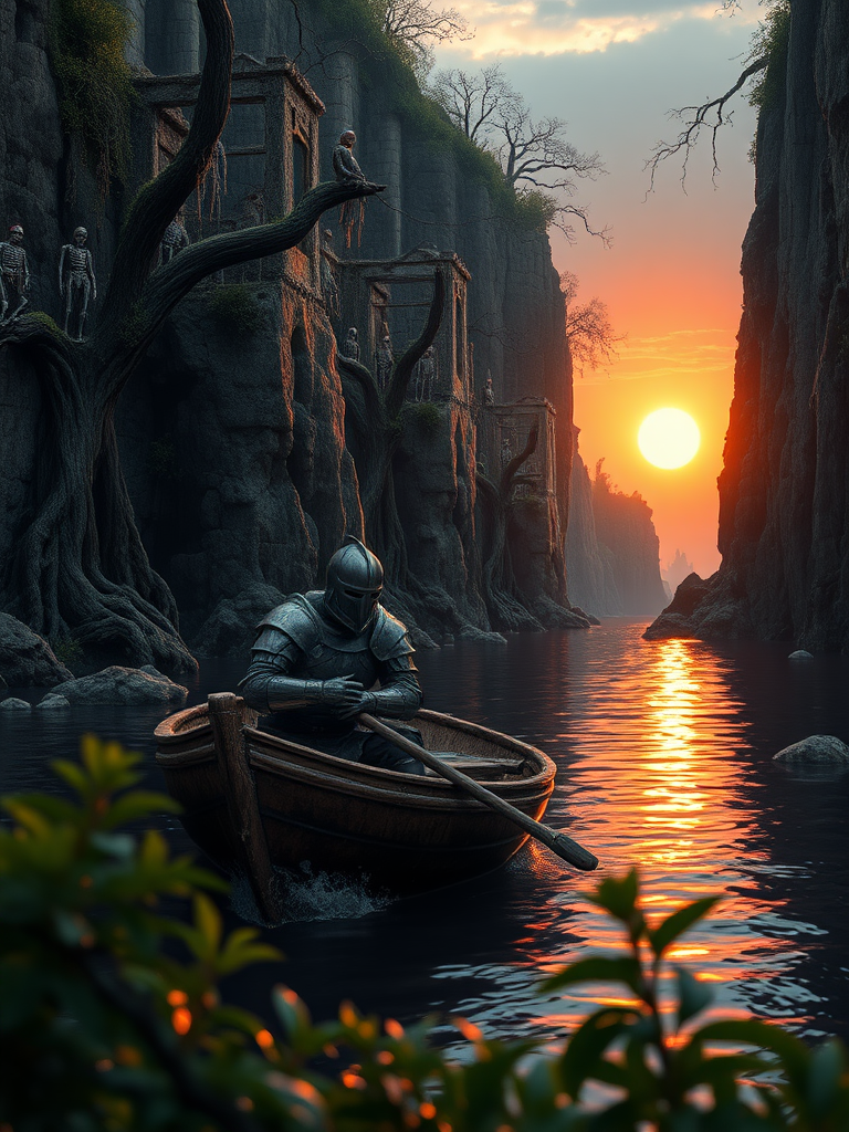 A photorealistic epic cinematic film still of a knight, his armor dented and bloodied, leaning against a rough-hewn wooden oar in a small, battered boat. The boat is adrift on a river, the water a dark mirror reflecting the fiery sunset. The river winds between towering cliffs, their faces scarred with overgrown ruins and draped in thick vines. Trees gnarled with age cling to the cliffs, their branches heavy with hanging skeletons and weathered warrior armor. The ruins are a testament to a past war, and the air hangs heavy with the scent of decay. Zombie knights, their bodies wracked with dark green mystical energy, can be seen lurking in the shadows of the cliffs. The sun, a fiery orb, hangs low on the horizon, casting long shadows across the scene as the river slowly spills out into the ocean beyond the cliffs. There is a sense of epic struggle and the weight of history in the air. Some foreground foliage out of focus.