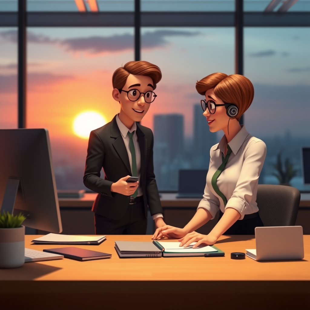 create images of an executive secretary guiding their supervisor to have more efficient communication, in a modern technology office, with a sunset in the background, Pixar style