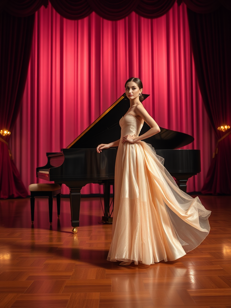 In the heart of the opulent ballet theater, a solitary ballerina stands poised on a polished wooden stage, the air rich with the faint scent of the high-gloss finish and the lingering aroma of fresh flowers from backstage. She wears a stunning silk gown that transitions from a delicate blush pink at the bodice to a shimmering gold at the hem, its fabric billowing softly around her like wisps of cloud as she moves. The backdrop glows with soft pink and gold lighting emanating from a magnificent grand piano, its glossy surface reflecting the warm hues that dance across the stage.

As she gazes out at the audience, her ethereal eyes, gleaming with a hint of mischief and deep contemplation, capture the light and seem to hold untold stories. Each gentle brush of her fingertips against the piano keys is a whisper of sound, a delicate caress as if she were nurturing a precious secret, creating a symphony that fills the theater with an enchanting melody.

Surrounding her, the luxurious velvet curtains drape elegantly, their rich burgundy contrasting with the delicate grace of her presence. The quiet anticipation from an unseen audience hangs palpably in the air, creating a tranquil yet electric atmosphere, a fusion of art and emotion. In this moment, she embodies a vision of grace, tranquility, and elegance, offering a glimpse into a world where movement and music weave together in perfect harmony.