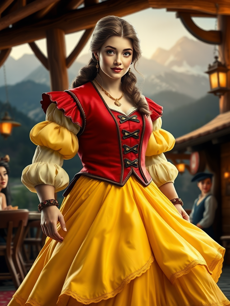 Full-length image of Belle's head and hairstyle, facial features intact, merged onto Gaston's muscular masculine body. Primary yellow ball gown retained, embellished by Gaston's iconic red vest, puffy sleeves, and accessories, proportionally altered to fit Belle-Gaston's robust physique, showcasing both characters' styles. Background inspired by Gaston's rustic tavern and Belle's charming village, merged into a warm and inviting setting, featuring mountainous landscape, wooden accents, and soft lighting, blending the charm of both worlds.