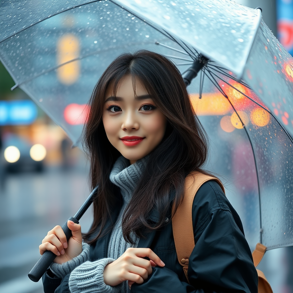 The most beautiful Korean woman holding an umbrella on a rainy day