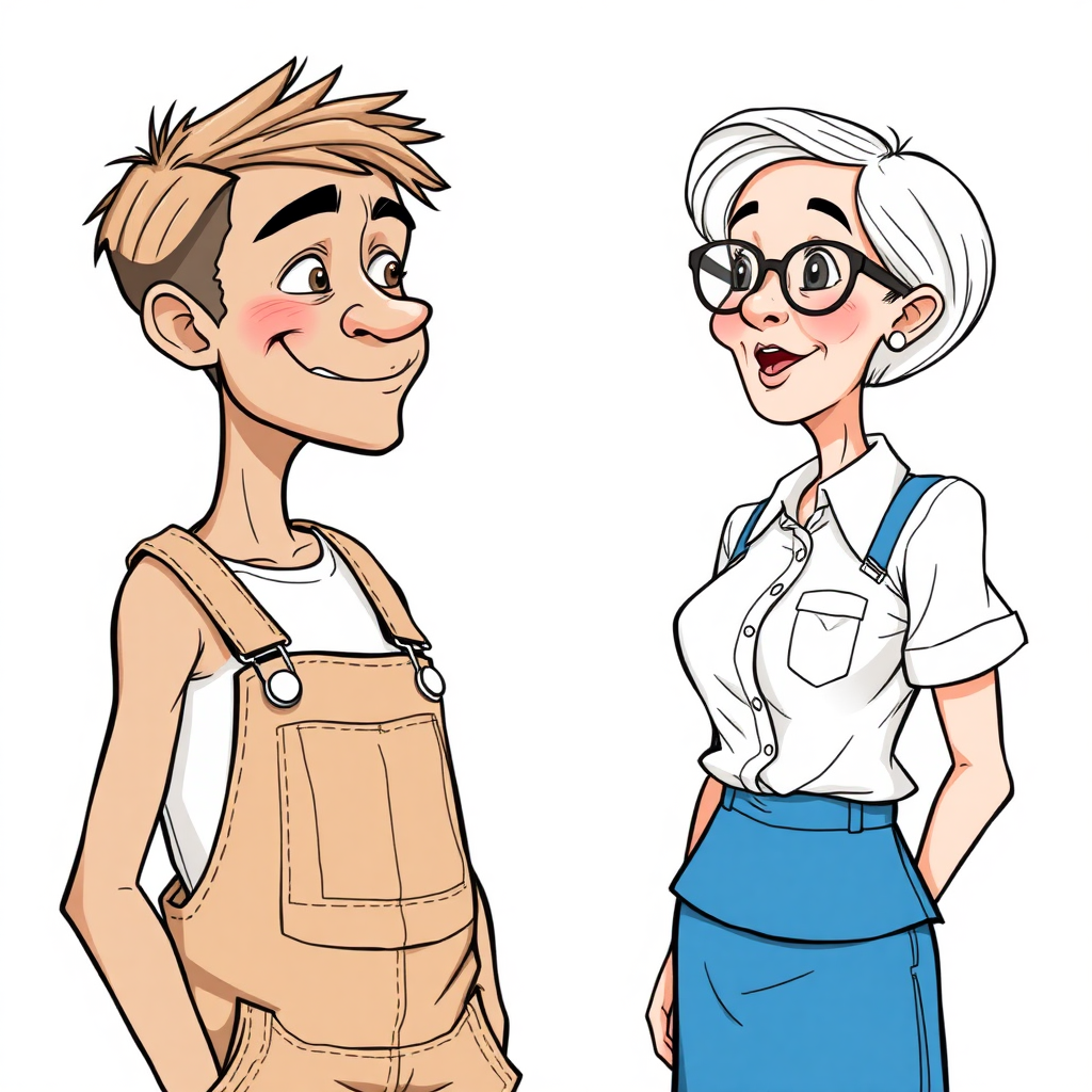 20 year old european skinny boy wearing work overalls is blushing excited while listening to a 55 Years old, European, Latina, sharp aquiline nose, wrinkles, high cheekbones, Middle Eastern, Skinny, Tanned skin, Dark light skin, Rounded Medium breasts, Skinny thighs, full Makeup, jewelry, Serious face, Sharp nose, shocked, blushing, open mouth, horny, Ash hair, short bowl haircut, Brown eye color, Glasses, with detailed features. She is watching the boy, she is wearing a white shirt and a blue skirt, detailed fabric. full body, long establishing shot, 2D, caricature, cartoon, Sketch lines, coloring book, black and white, coloring book style on white background, well composed, clean coloring book page, No dither, no gradient, strong outline, No fill, No solids, vector illustration.