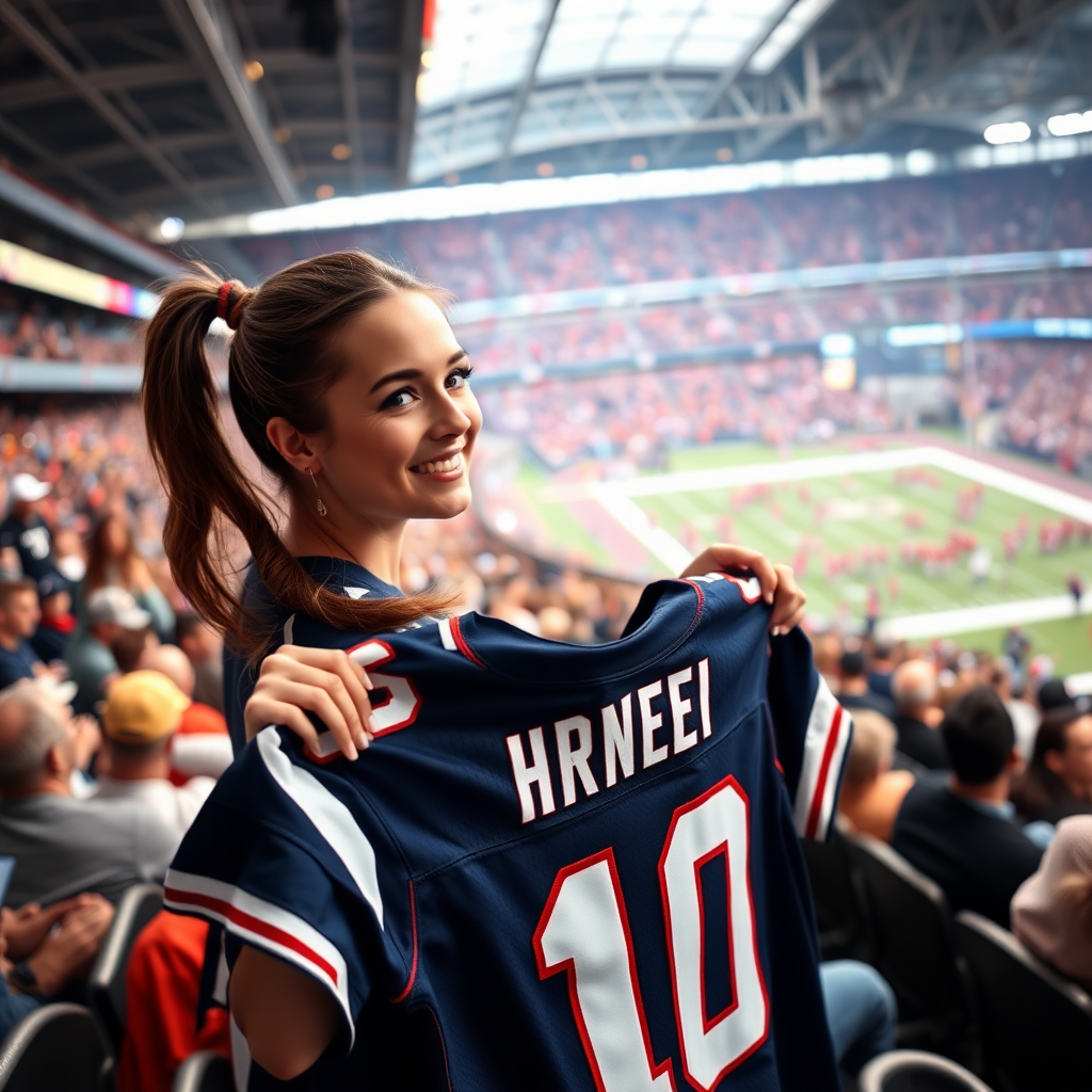 Attractive female NFL fan, pigtail hair, inside bleacher row, crowded, holding up a spare jersey, cheer, watching the game, NFL stadium