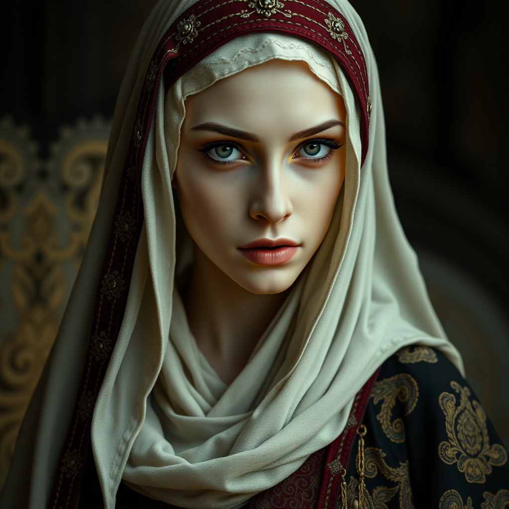 In the world of Vampire the Dark Ages, a cadaverous-skinned Sufi woman, dressed like a Middle Ages Persian woman. high definition, photorealistic, 16K