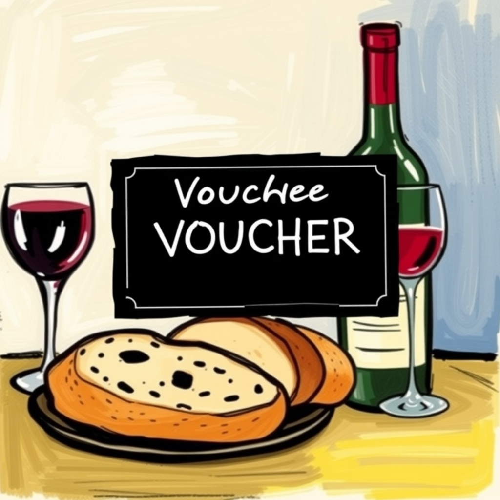 Create a voucher for wine and bread in the style of how Picasso would have done it. Write 'VOUCHER' on the voucher.