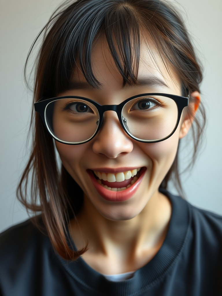 japanese nerdy skinny adult woman with big nose, big mouth, big yellowish teeth, moles, big eyeglasses and medium hair