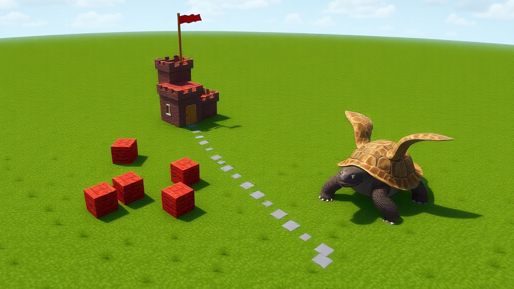 Exterior. Day. green field. a pathway leads to a small brown-brick castle with a tall flagpole outside. A few floating blocks made of red bricks, and a large turtle with wings.