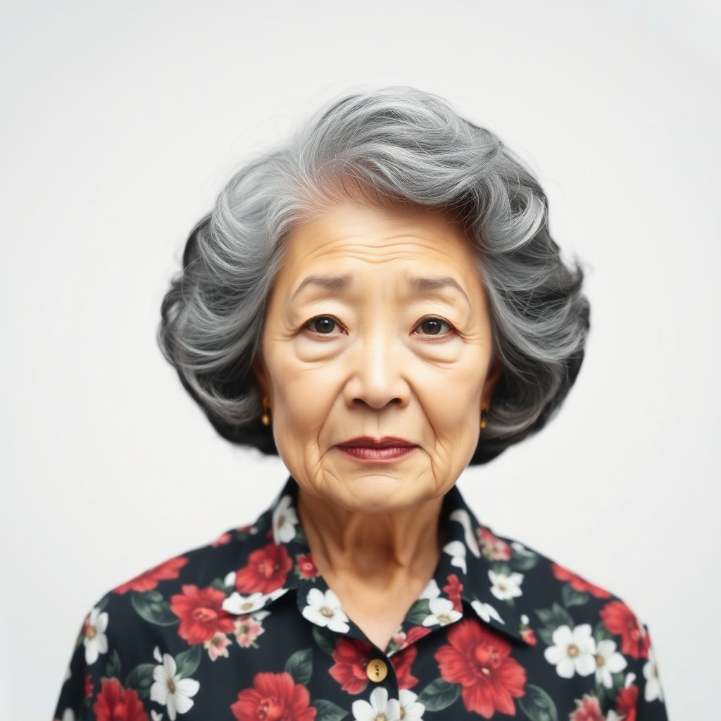 80 age old korean woman, front, flower shirt, photo studio background, Short permed hair, black and white hair