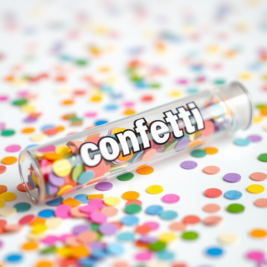 A photo of a glass fat transparent plain uniform confetti popper tube with colorful confetti inside and with text "confetti" on it, lying flat at an angle, with confetti around it, distant confetti blurred, white bold text with a black border, reflections on the tube glass, tube closed from both ends.