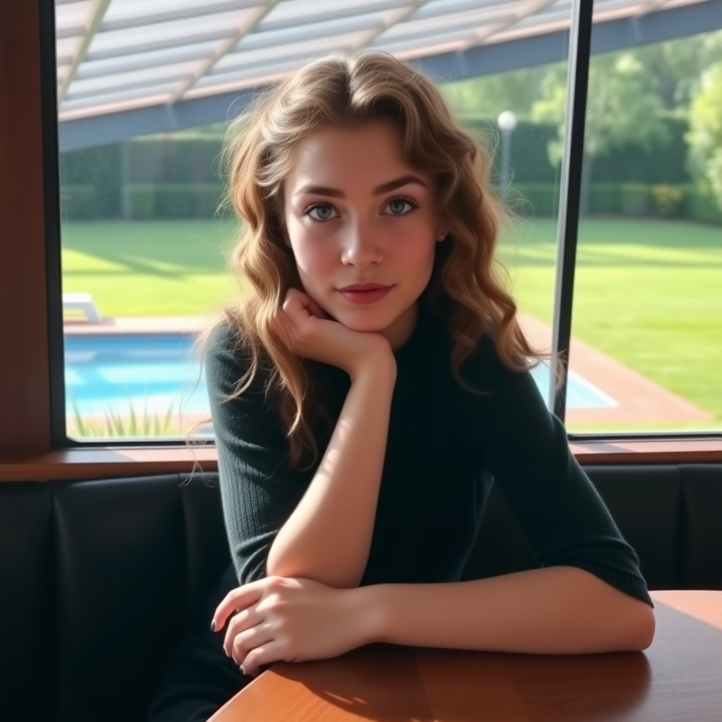 A young and beautiful 18-year-old Little Red Book blogger, with fair skin, big eyes, long curly hair, an oval face, and very slender, sitting in a café, leaning on the table, with green grass and a swimming pool outside the window.