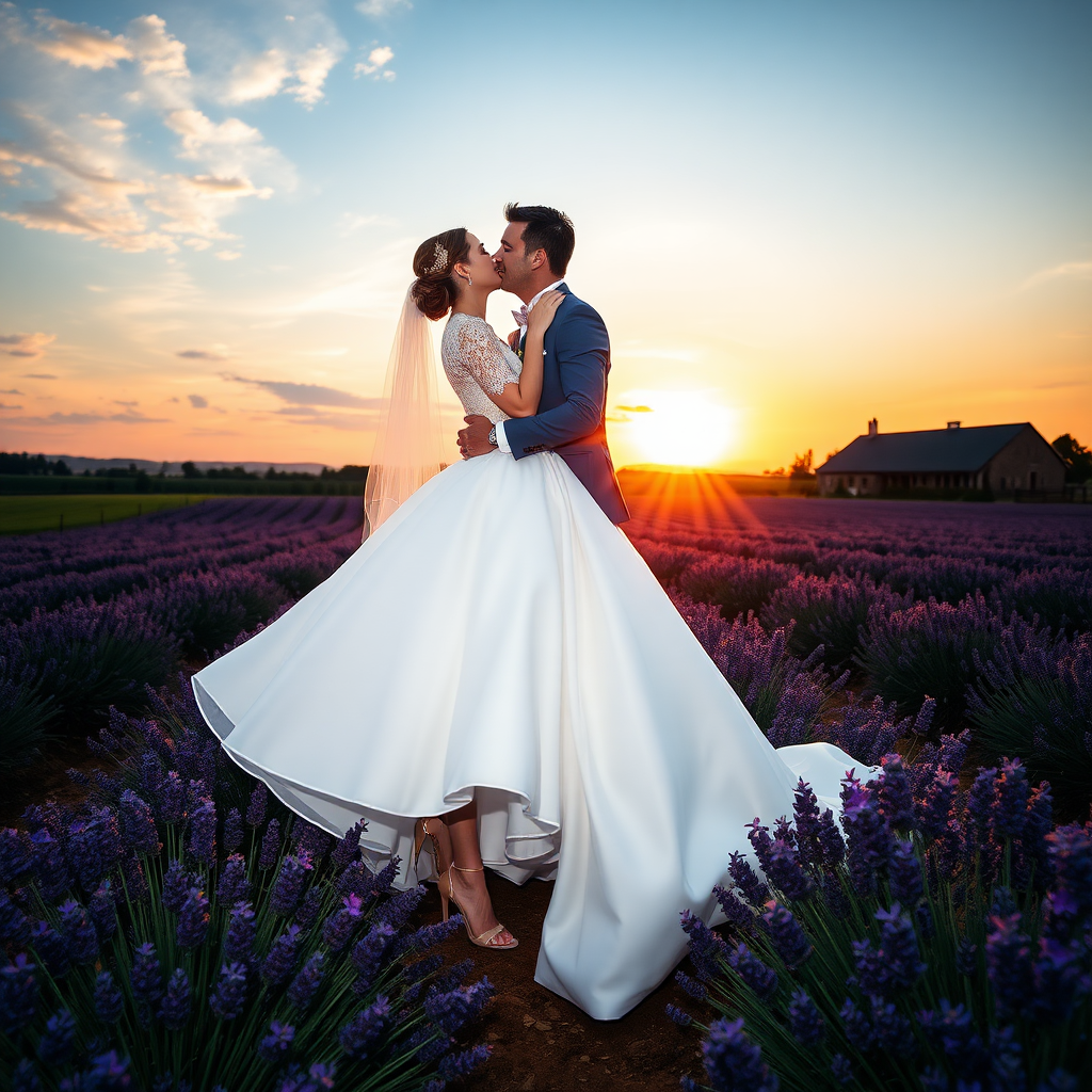 Bride and groom dressed elegantly, she in high-heeled shoes and he in patent leather shoes, he kisses the bride, in the background a large lavender field, a farmhouse in the background, sunset sky with sun and clouds.