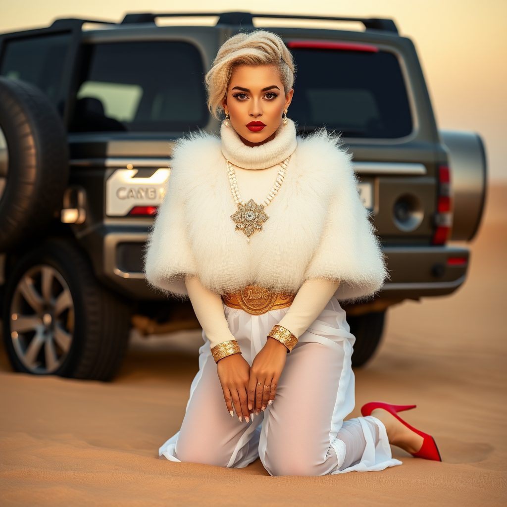 Kuwait desert dunes misty dawn, full size luxury SUV: Melissa, European 17 years old very convincing femboy “trophy-bimbo”, tamed servile docile, very beautiful feminine flawless face, rather short, by hormones very curvaceous womanly figured, platinum blond short tight curls, bold red lips, long white French nails, heavily made-up face, wearing Supertanya-style fluffy very fuzzy bright white angora turtleneck-poncho cropped ending under bust decorated with pearls and glass stones, striking oriental wide gold bridal protection belt, white fully transparent harem pants, bright red pumps with golden very high heels, full Oriental bridal jewelry including headpiece, nose-ring, coin wristlets, coin anklets, striking diamond “Bimbo” letter brooch on left chest, thick heavy pearl wristlets, pearl anklets, pout frustrated, kneeling in sand in front of SUV, looking at camera. Focus on face and turtleneck-poncho.