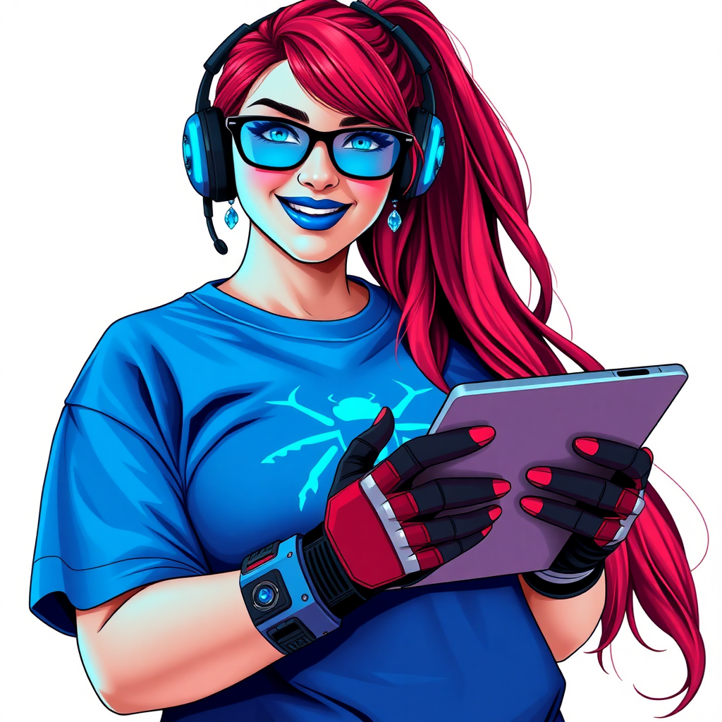 An intelligent and tech-savvy 29-year-old computer hacker and tech genius. She has a long ruby red ponytail. She wears maximum blue lipstick, blue eyes, a sapphire beetle gemstone necklace, sapphire earrings, black eyeglasses, hi-tech power gloves, and an oversized maximum blue t-shirt featuring a neon blue glowing beetle chest icon. She has a gargantuan full-figured physique with a prominent round gargantuan midsection, reflecting her well-cared-for lifestyle. She sports a sapphire headset with a hi-tech maximum turquoise lensed HUD, and a beaming smile accentuated by a passionate neon red blush. She serves as his tech expert from his hideout, holding a futuristic tool wrench and a futuristic digital tablet. The background is solid white. She is drawn as if she was in a retro 2D cyberpunk fighting game.