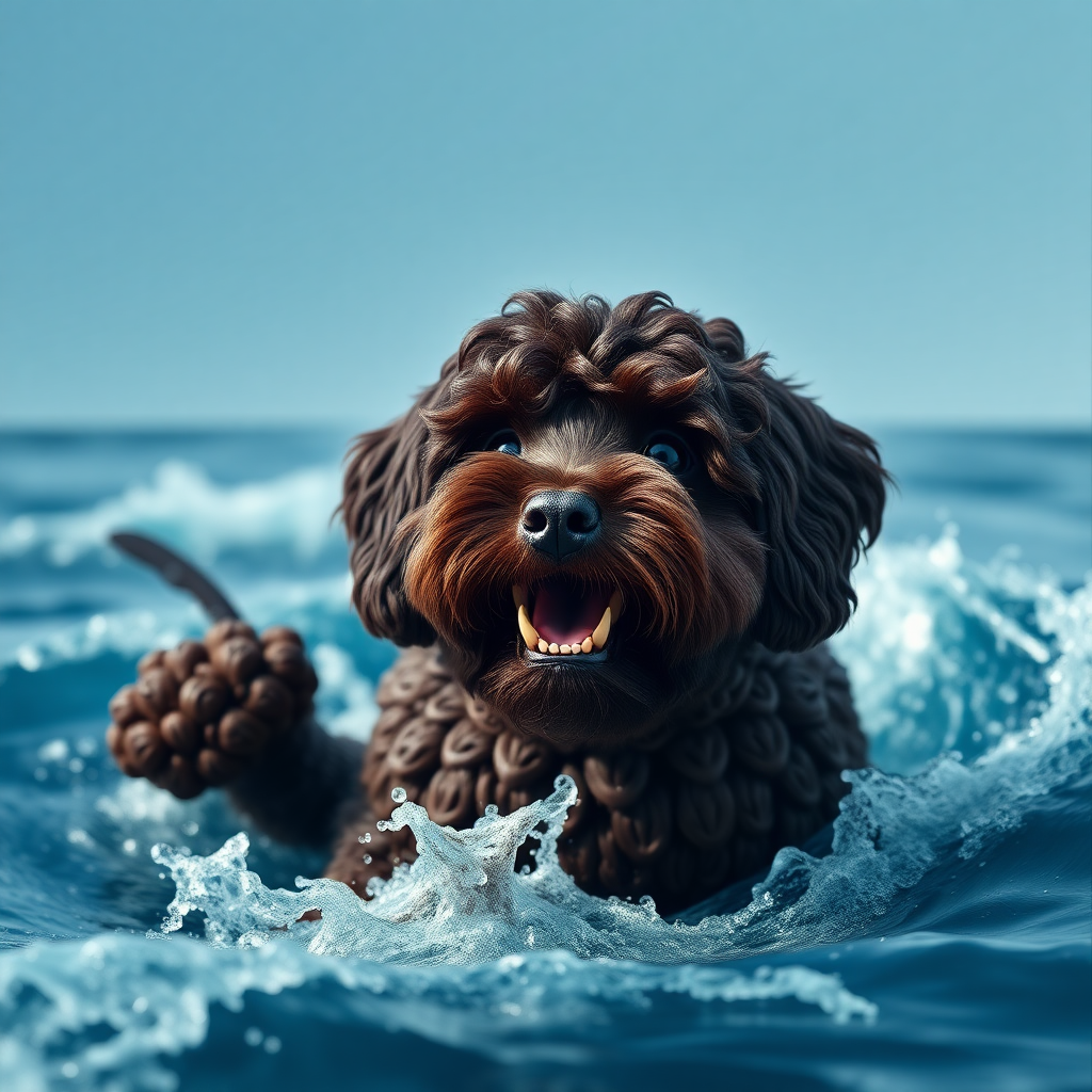 cute gigantic dark chocolate colored cockapoo ocean sea monster coming out of the ocean, ultra realistic, ultra detailed, 50mm photo, showing his teeth