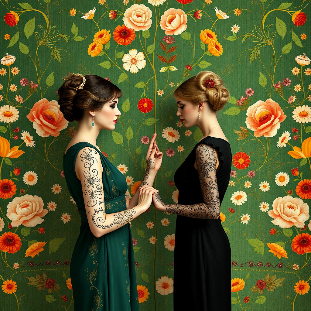 Prompt for painted picture with: In the Max Klimt style. Women (one is blonde and one is black-haired) with filigree henna tattoos on their hands and arms stand in front of an Art Nouveau wallpaper with many small colorful flowers painted on a green background. They stand in a circle and hold each other's hands. You have very, very white make-up skin. The hairstyles are updo hairstyles in Art Nouveau.