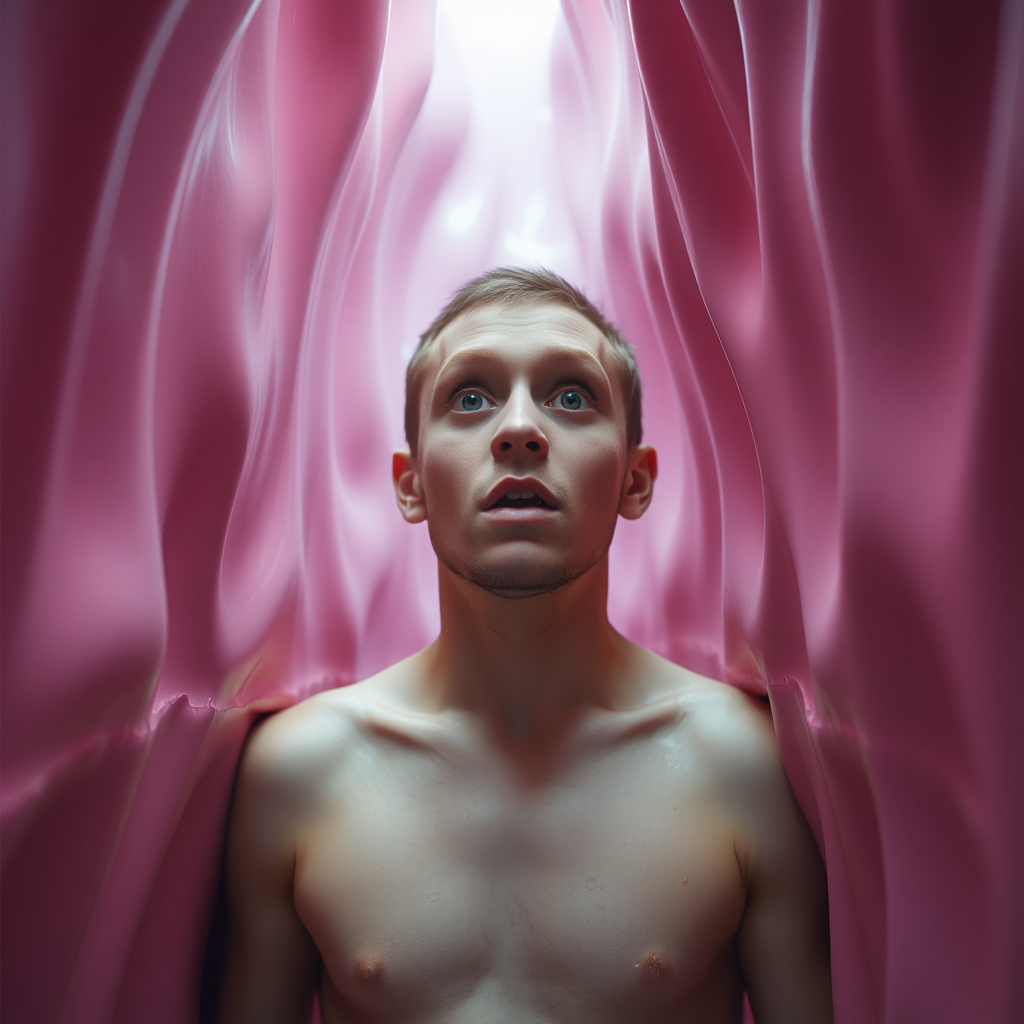 Young man stuck in a tight passageway. Only his head and torso are visible. The walls of the passageway are undulating, pink, wet, and conform to his body shape. He has a surprised expression.