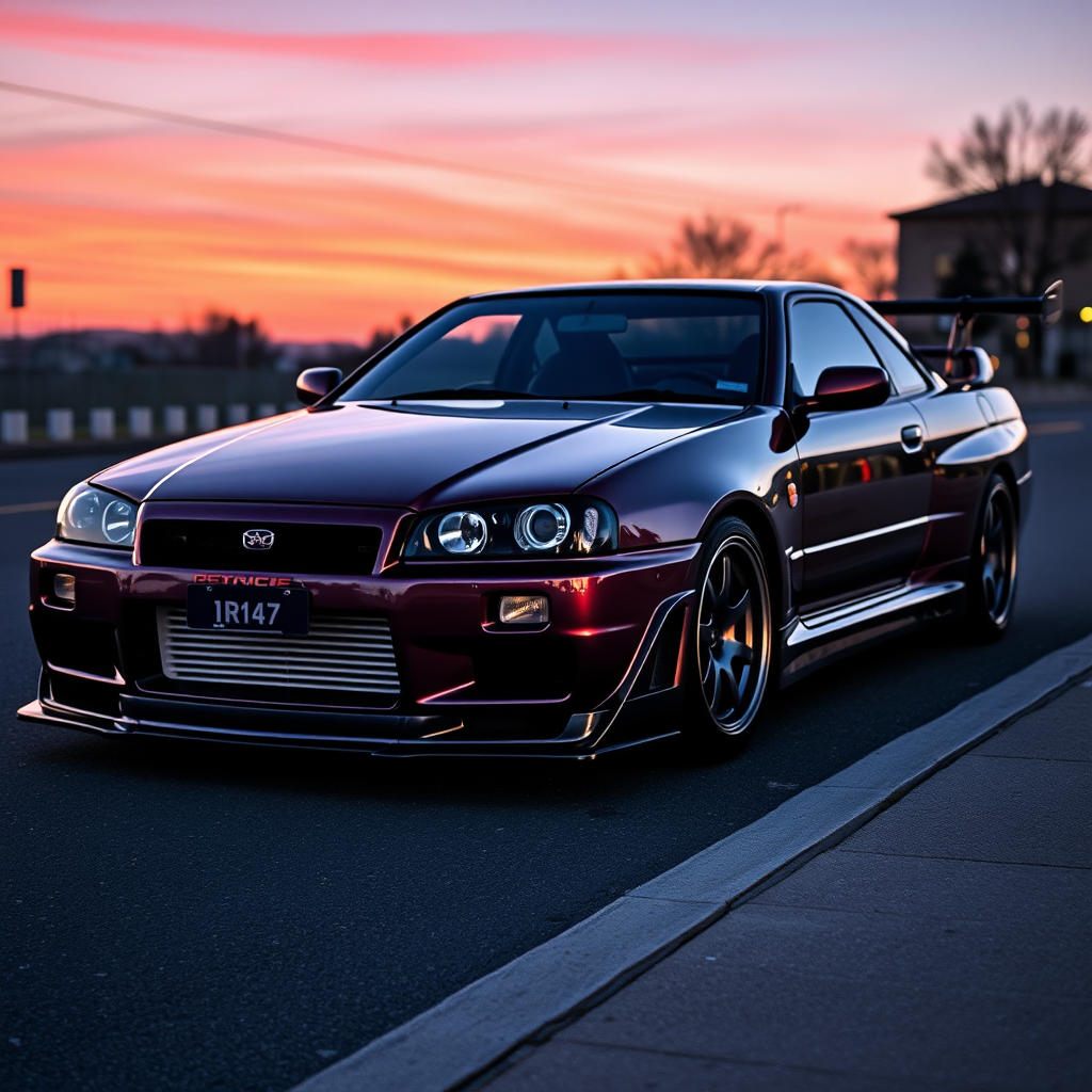 metallic shine nissan skyline r34 the car is parked on the side of the road, inspired by Taiyō Matsumoto, tumblr, restomod, nd4, c4 cold colors