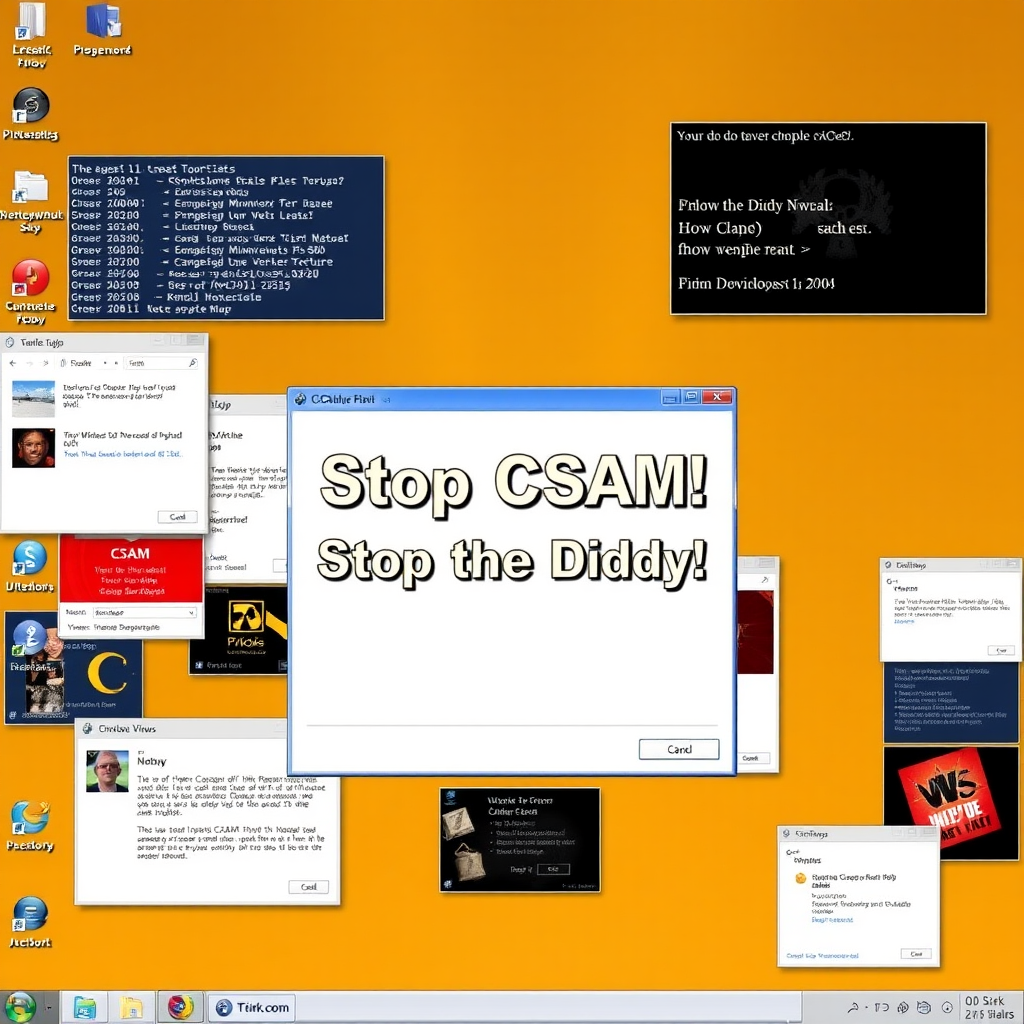 a windows xp desktop with a virus showing a lot of popups everywhere, and there is a big window at the center saying "Stop CSAM! Stop the Diddy!" with a dangerous tone and color.