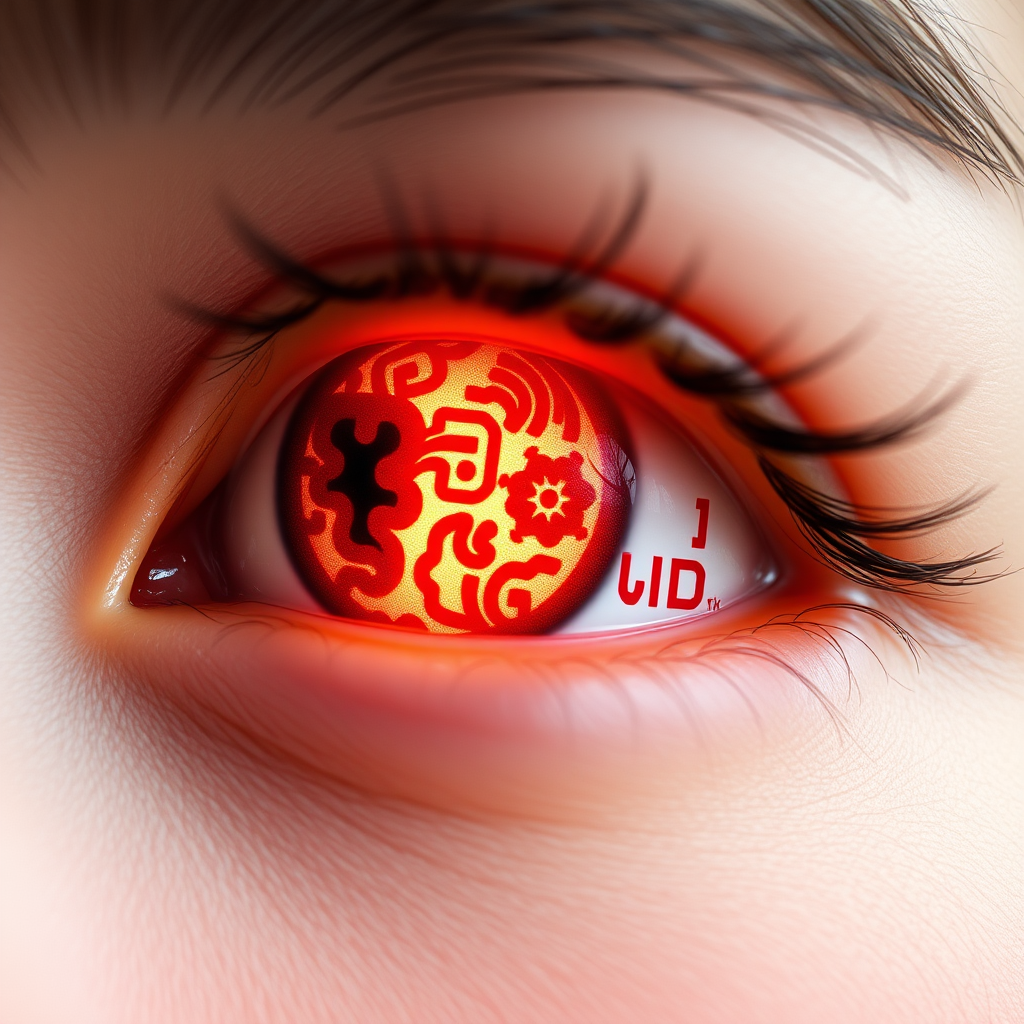 A close-up of eyes with lenses, The eye lens with traditional red and white design Chinese red white Design. The composition emphasizes the eyes and its design, with flash light, focused lights, looking up, 16k, photorealistic, very closeup, soft skin texture visible, daytime, photography taken by window side