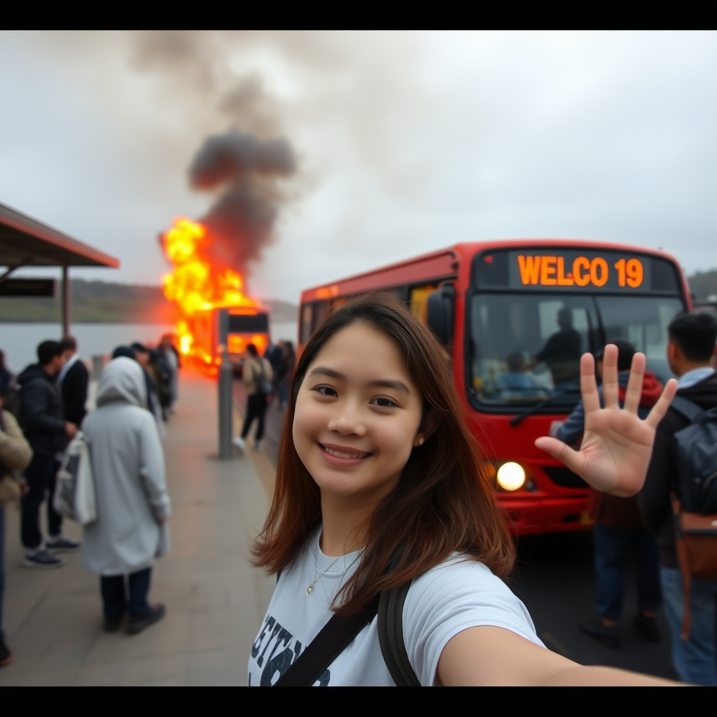 selfie of a girl at a crowded bus stop near a lake, approving burning bus leaving burning traces in the background