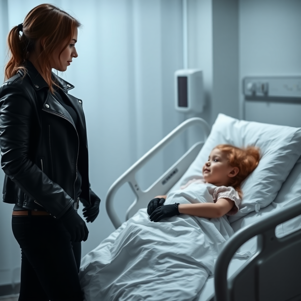 A beautiful female burglar in a black leather jacket over a black t-shirt with black pants and gloves visits her sick little daughter lying in a hospital bed.