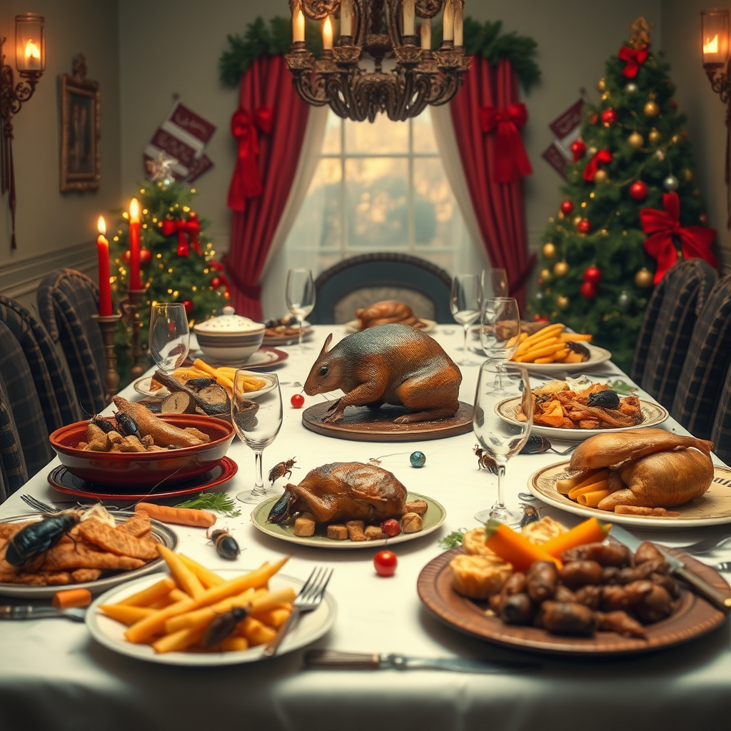 A scene of a dinner table, its Christmas and the table is full of festive food, but all the food is insect based, and where the Turkey would be, its a roasted rat.