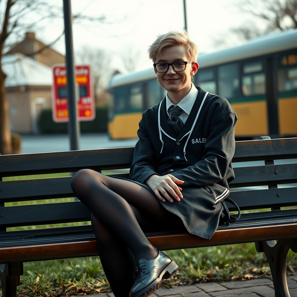 photorealistic, ultra high resolution, 16K, surreal fantasy, soft studio lighting, a pretty 18 year old goth male, slim male physique, short blonde hair, black glasses, goth makeup, earrings, shiny black pantyhose, UK girls-school uniform, Mary-Jane shoes, sitting on his boyfriend's lap on a bench waiting for the school bus, in daylight, excited smile, facing the camera.