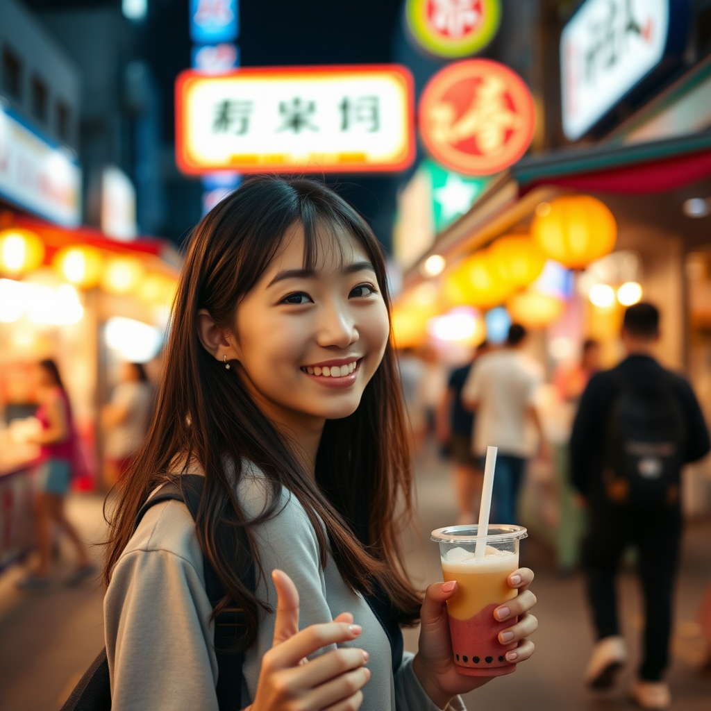 A background of city streets, brightly lit, blurred, a Taiwanese girl visiting a night market, facing forward, wearing a sweet smile, holding bubble tea in her hand.