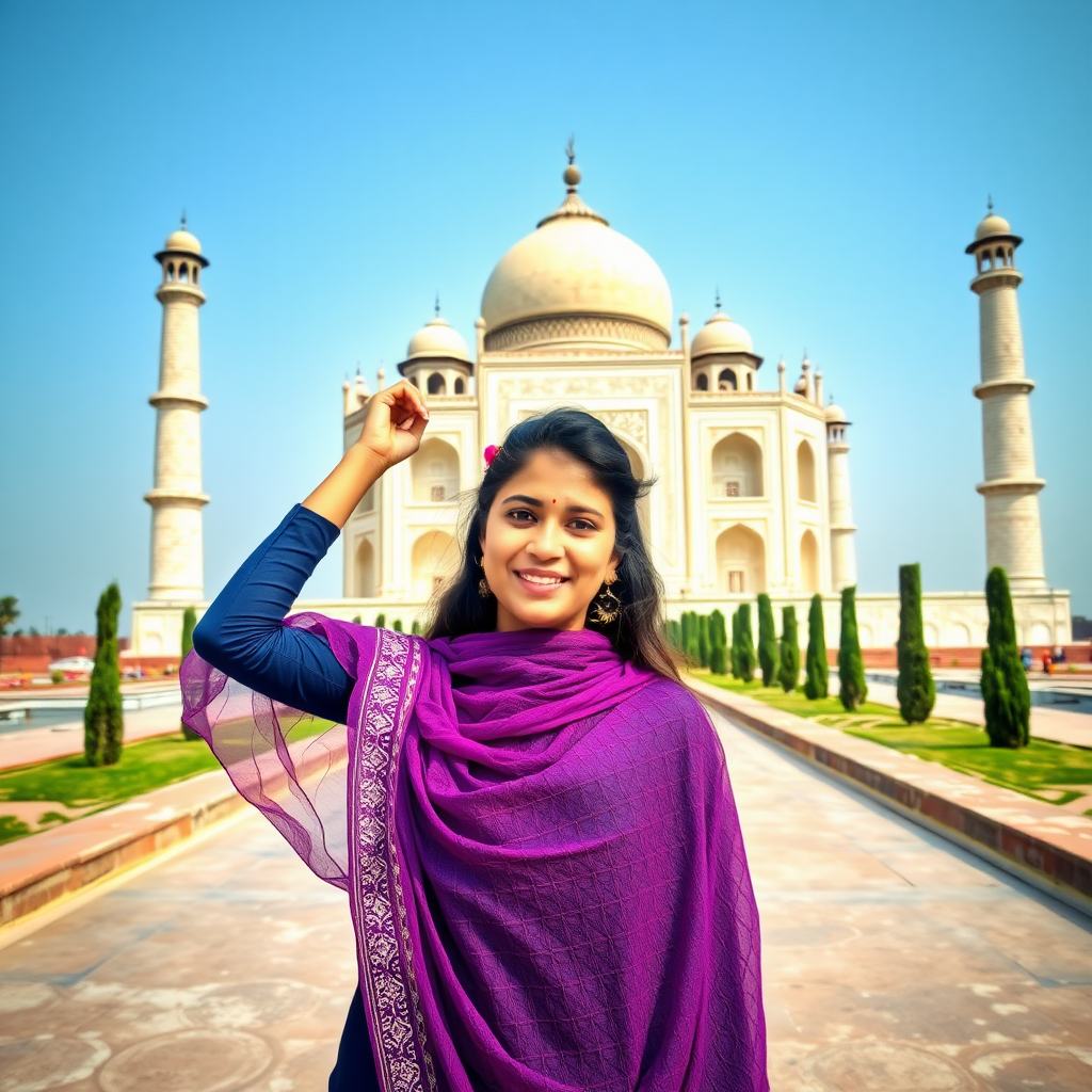 A 20 year old model in navy blue kurti with mesh violet dupatta taking photo in front of Taj Mahal, high contrast, photography taken according to the rules of photography, azure sky, taken from low angle