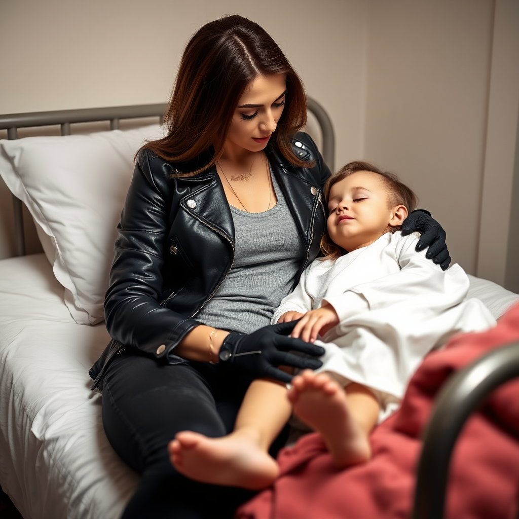 A beautiful female burglar in black leather jacket over black t-shirt with black jeans and gloves visits her sick little daughter lying in bed.