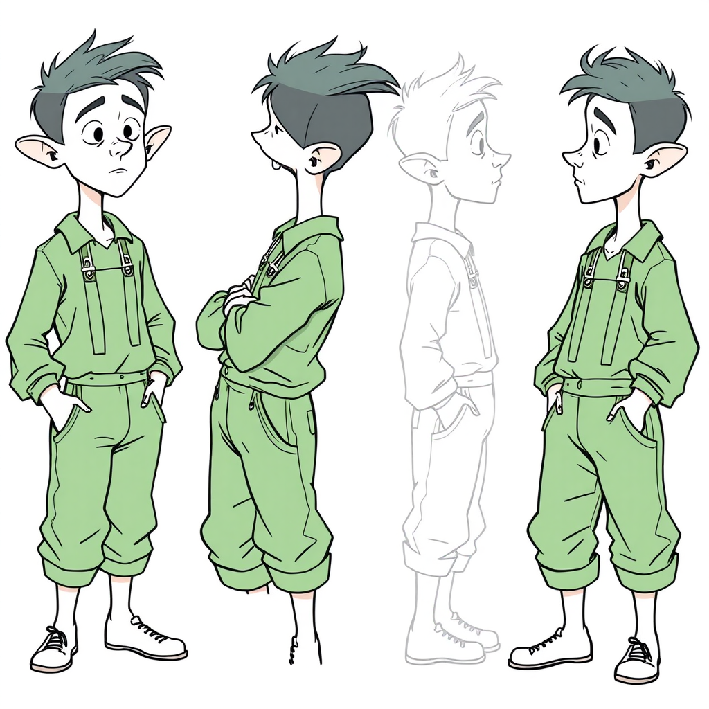 multiple views with progression, character design sheet, short, shy, in awe, 15 year old european skinny man, big ears, wearing long sleeve green coveralls, is trying to conceal his arousal, detailed features, long establishing shot, 2D, caricature, cartoon, Sketch lines, coloring book, black and white, coloring book style on white background, well composed, clean coloring book page, No dither, no gradient, strong outline, No fill, No solids, vector illustration, side view, vector illustration, empty space around each view, movement lines