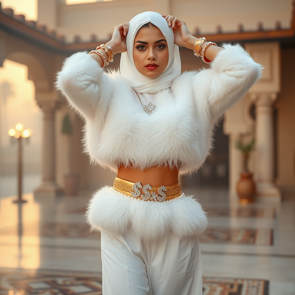 Kuwait desert palace harem patio misty dawn: Melissa, European 17 years old very convincing femboy “trophy-bimbo”, tamed servile docile, very beautiful feminine flawless face, rather short, by hormones very curvaceous womanly figured, heavily made-up eyes, wearing Supertanya-style fluffy very fuzzy bright white angora turtleneck-poncho cropped ending under bust decorated with pearls and gemstones, striking oriental wide gold bridal protection belt, white fully transparent harem pants, full Oriental bridal jewelry, face covered by white sheer full Burka, coin anklets, striking diamond “$$$” letter brooch on left chest, pout frustrated, seductively dancing for the sheik, hands high over her head, looking at camera. Focus on face and turtleneck-poncho.