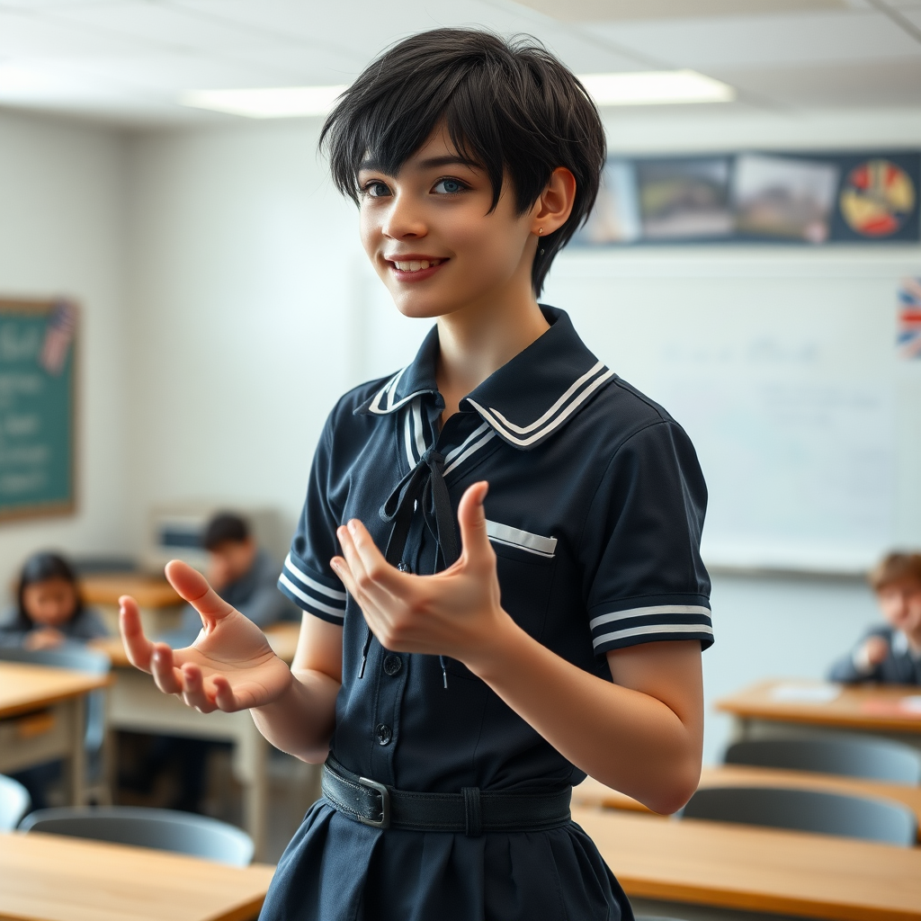 photorealistic, ultra high resolution, 16K, surreal fantasy, soft studio lighting, a pretty 17 year old goth male, slim male physique, short dark hair, blue eyes, goth makeup, earrings, sheer pantyhose, UK girls-school uniform, Mary-Jane shoes, standing in the classroom delivering a talk, excited smile, facing the camera.