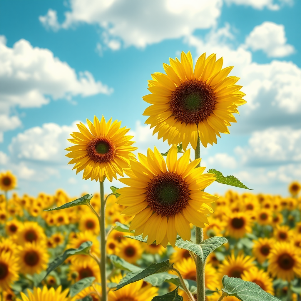 A vibrant field of sunflowers under a bright blue sky with fluffy white clouds. The scene is infused with a sense of warmth and cheer, showcasing a hyperrealistic aesthetic. In the foreground, a large sunflower stands tall, displaying its bold, sunny yellow petals radiating outward, while the intricate details of its brown seed center are highlighted. The background is filled with countless sunflowers, creating a sense of depth and continuity, their bright yellow colors contrasting against the deep green foliage and stems. Soft light enhances the saturation of the colors, and a gentle breeze sways the flowers slightly, adding a dynamic element to the serene landscape.