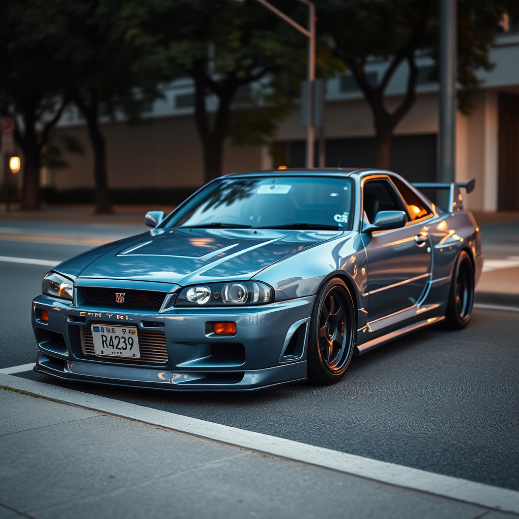 the car is parked on the side of the road, inspired by Taiyō Matsumoto, tumblr, restomod, nd4, c4 metallic shine nissan skyline r34