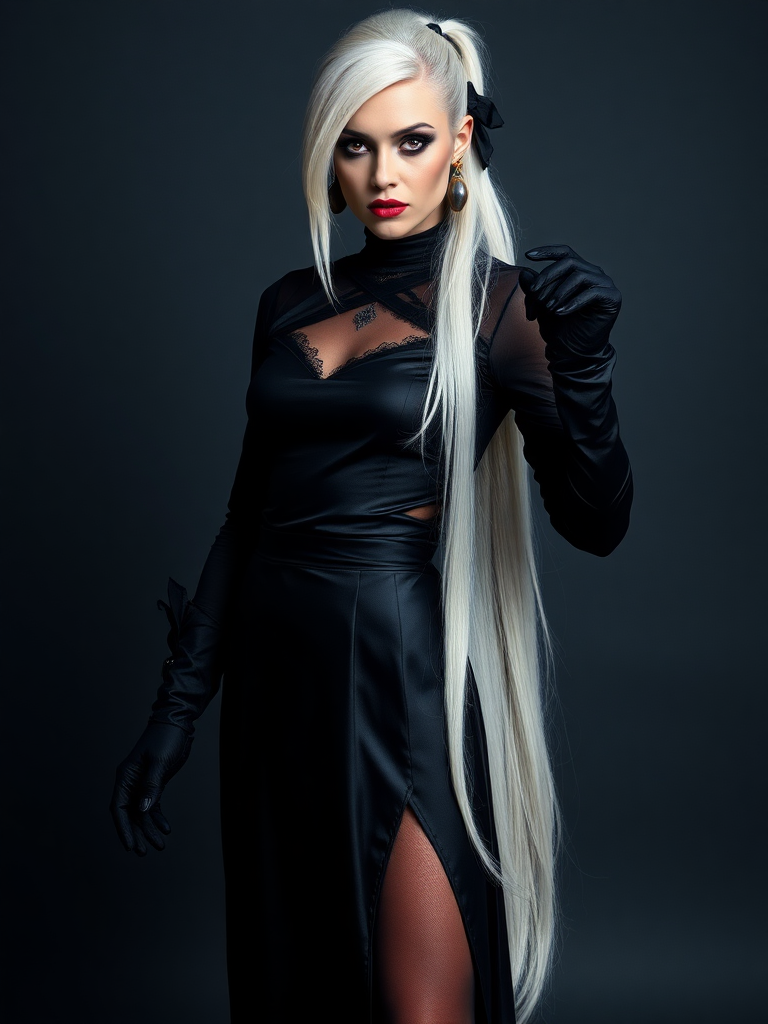 mature adult woman, skinny and tall, long legs, large shoulders, teardrop saggy small breast, long asymmetric undercut layered white hair, side swept bang, long white ponytail tied with a black lace, beautiful detailed face, piercing red eyes with intricate iris details, looking at the camera with a serious expression, wearing gothic style, black silk long sleeve top, black silk long skirt, black pantyhose, black gloves, black ankle boots, standing in a fierce pose with her head held high