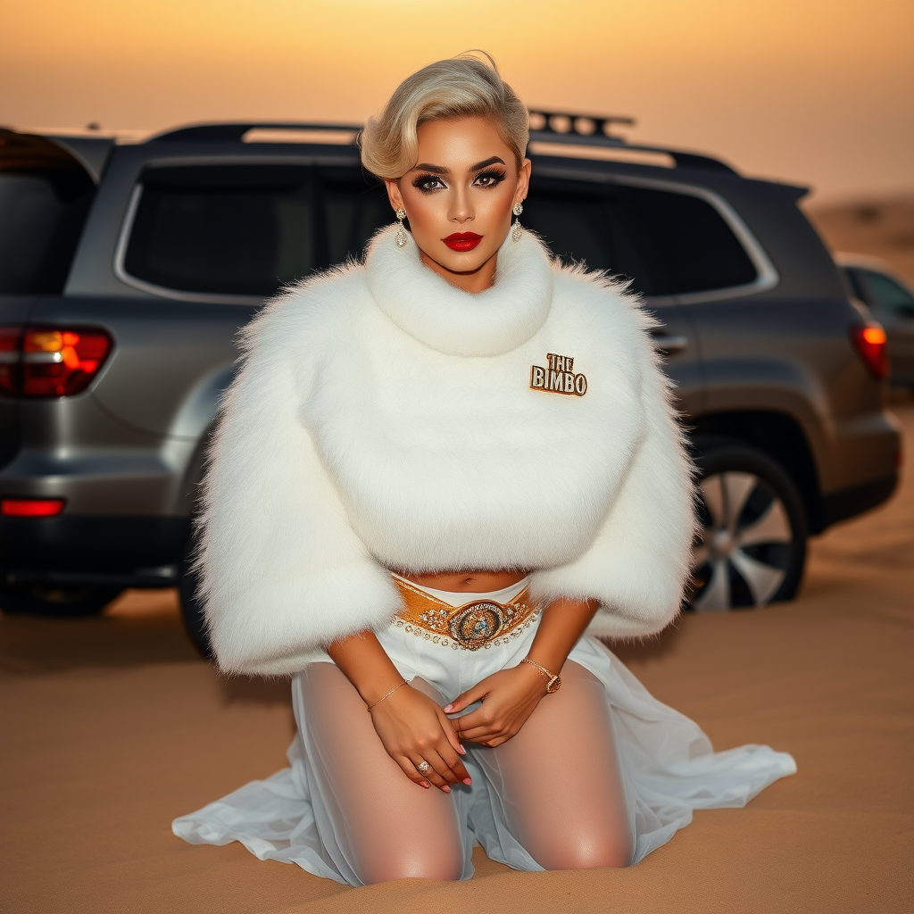 Kuwait desert dunes misty dawn, full size luxury SUV: Melissa, European 17 years old very convincing femboy “trophy-bimbo”, tamed servile docile, very beautiful feminine flawless face, rather short, by hormones very curvaceous womanly figured, platinum blond short tight curls, bold red lips, heavily made-up face, wearing Supertanya-style fluffy very fuzzy bright white angora turtleneck-poncho cropped ending under bust decorated with pearls and gemstones, striking oriental wide gold bridal protection belt, white fully transparent harem pants, full Oriental bridal jewelry including headpiece, nose-ring, coin anklets, striking diamond “Bimbo” letter brooch on left chest, pout frustrated, hands tied behind back, kneeling in sand in front of SUV, looking at camera. Focus on face and turtleneck-poncho.