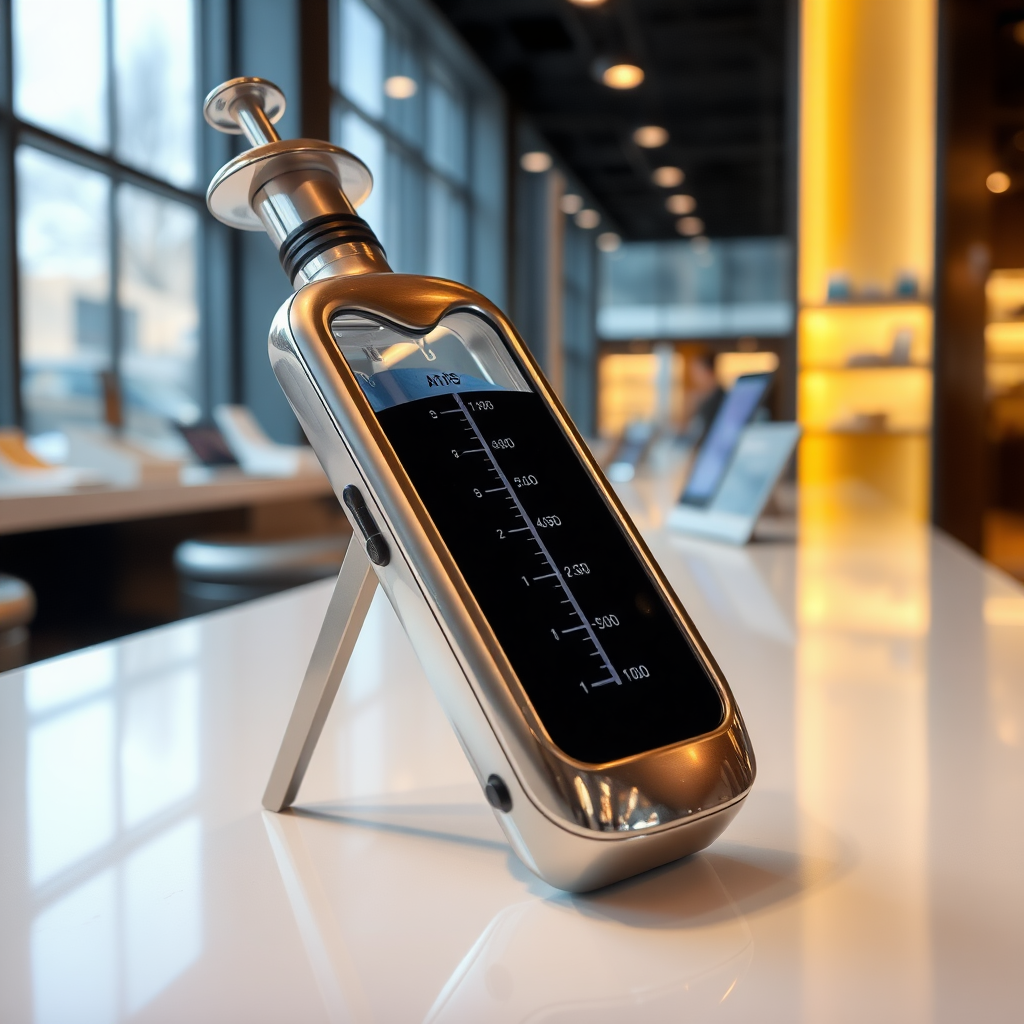 A mobile phone in the shape inspired by a syringe, metallic futuristic, kept for sale, in a showroom.