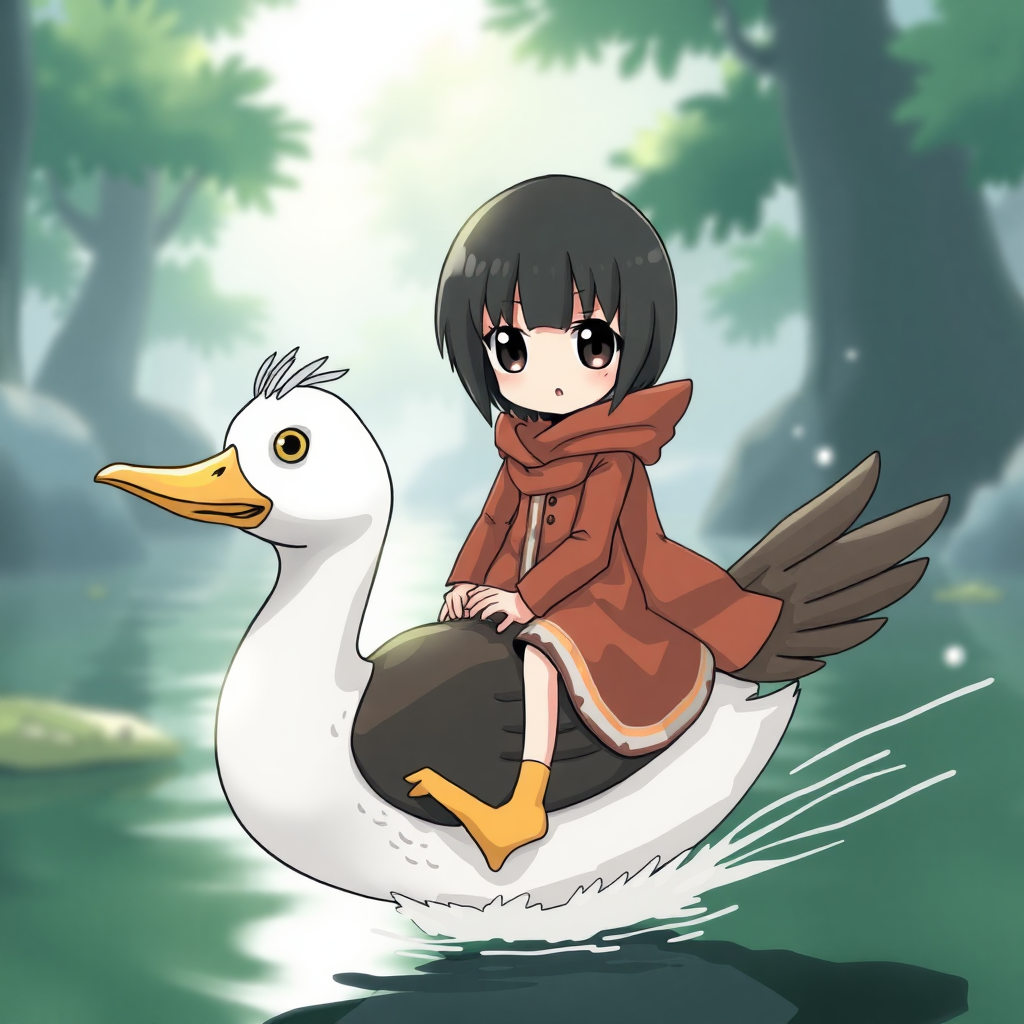 mikasa with huge eyes riding a duck