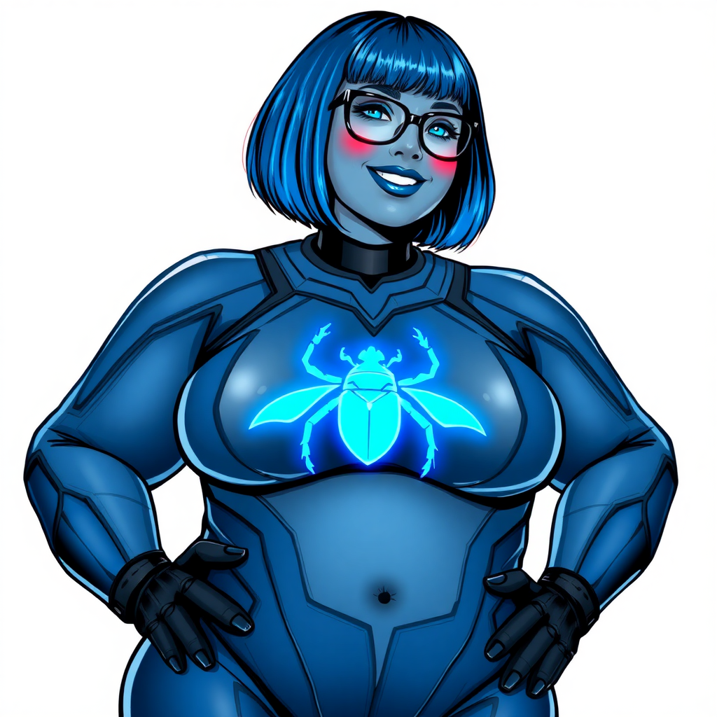 A 28-year-old, full-figured, middle gray metal skinned computer program-human hybrid with a maximum blue bob cut. She is the digital sidekick, computer hacker, and nerdy girlfriend of her cyberpunk vigilante boyfriend. Her middle gray metallic skin, distinct from any other character, highlights her digital nature. She wears maximum blue lipstick and has bright blue eyes. Her outfit includes an oversized digital maximum blue bodysuit with a neon blue glowing chest icon of a beetle and black gloves. Black eyeglasses accentuate her nerdiness, and she has a lovestruck smile with neon red blush. Her non-athletic full figure consists of a prominent, gargantuan, round midsection (with the full emphasis on her gargantuan belly), gigantic limbs, and broad shoulders, reflects the doting care of her vigilante boyfriend. The background is solid white. She is drawn as if she was in a retro 2D cyberpunk fighting game. Ensure her bodysuit covers all her bare skin (especially her round gargantuan belly). Her oversized bodysuit is influenced by DC's superheroine Jennifer Knight Phantom Lady but remains distinct.