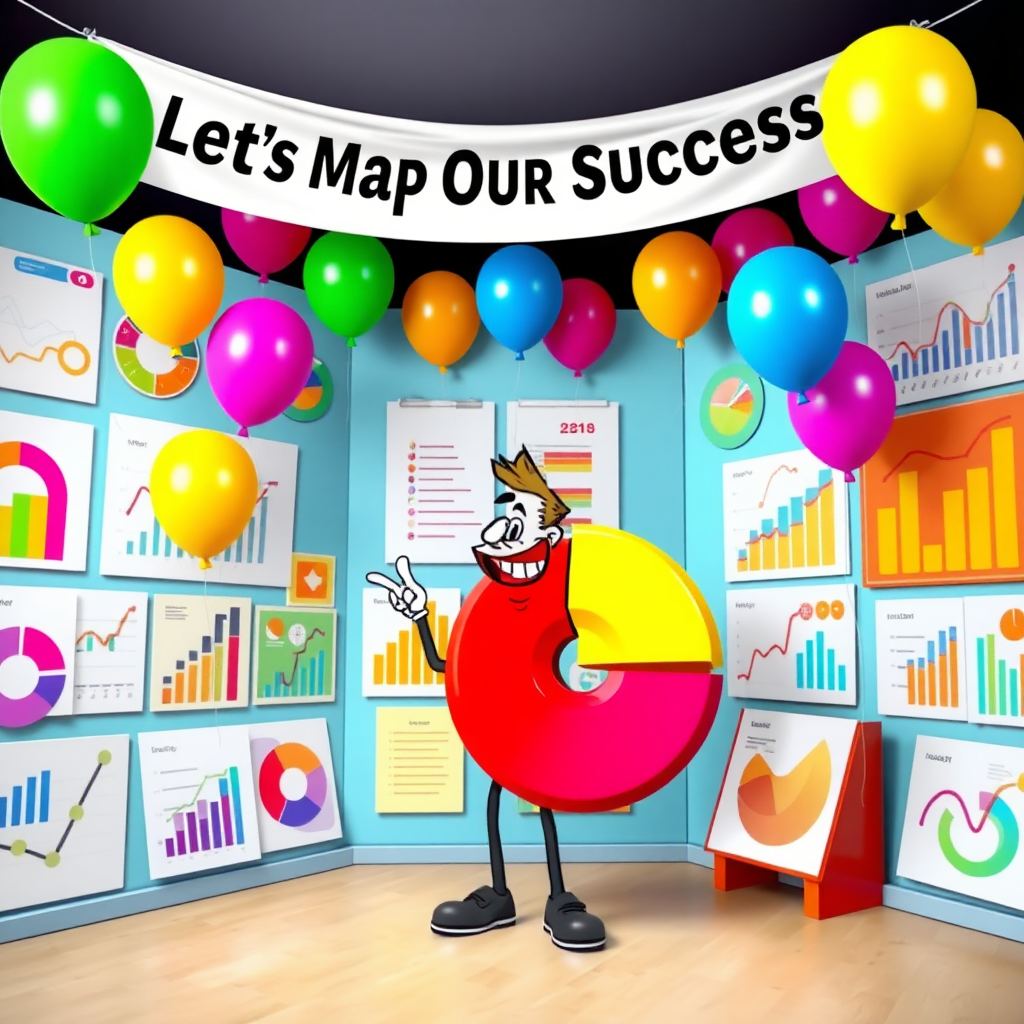 An imaginative scene of a colorful room filled with various charts on the walls, depicting exciting data trends, with a character enthusiastically pointing at a pie chart while surrounded by bright balloons and a banner overhead reading, "Let’s Map Our Success!"