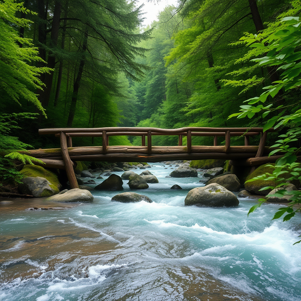 A serene forest scene featuring a weathered wooden bridge crossing over a rushing stream, surrounded by dense greenery. The bridge, made of aged timber with visible texture and moss growth, stretches across smooth stones partially submerged in crystal-clear water. Lush trees with varying shades of green create a natural canopy overhead, while softer green foliage frames the edges of the scene. The rushing water below is a mix of light turquoise and frothy white, reflecting the ambient light. The overall atmosphere is tranquil, evoking a sense of peaceful isolation, captured in a hyperrealistic style to highlight intricate details of nature, with an emphasis on deep greens and the contrasting textures of wood and water.