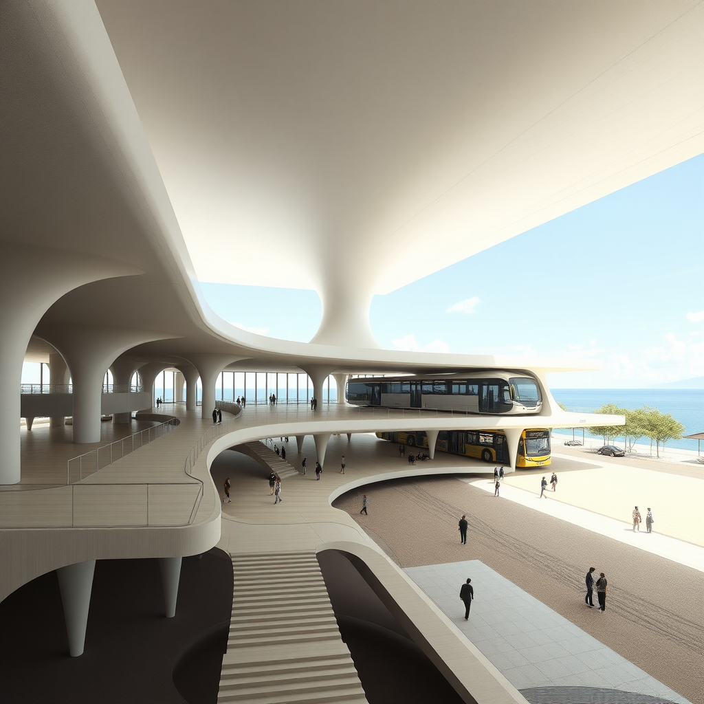 concept design of a bus terminal inspired by Sendai Mediatheque 
Architect: Toyo Ito with stilt floor and staggered flooring with 2 storey structure bus terminal should be open, fluid, public space with commercial space the bus terminal is has beach in west side. architecture structural form