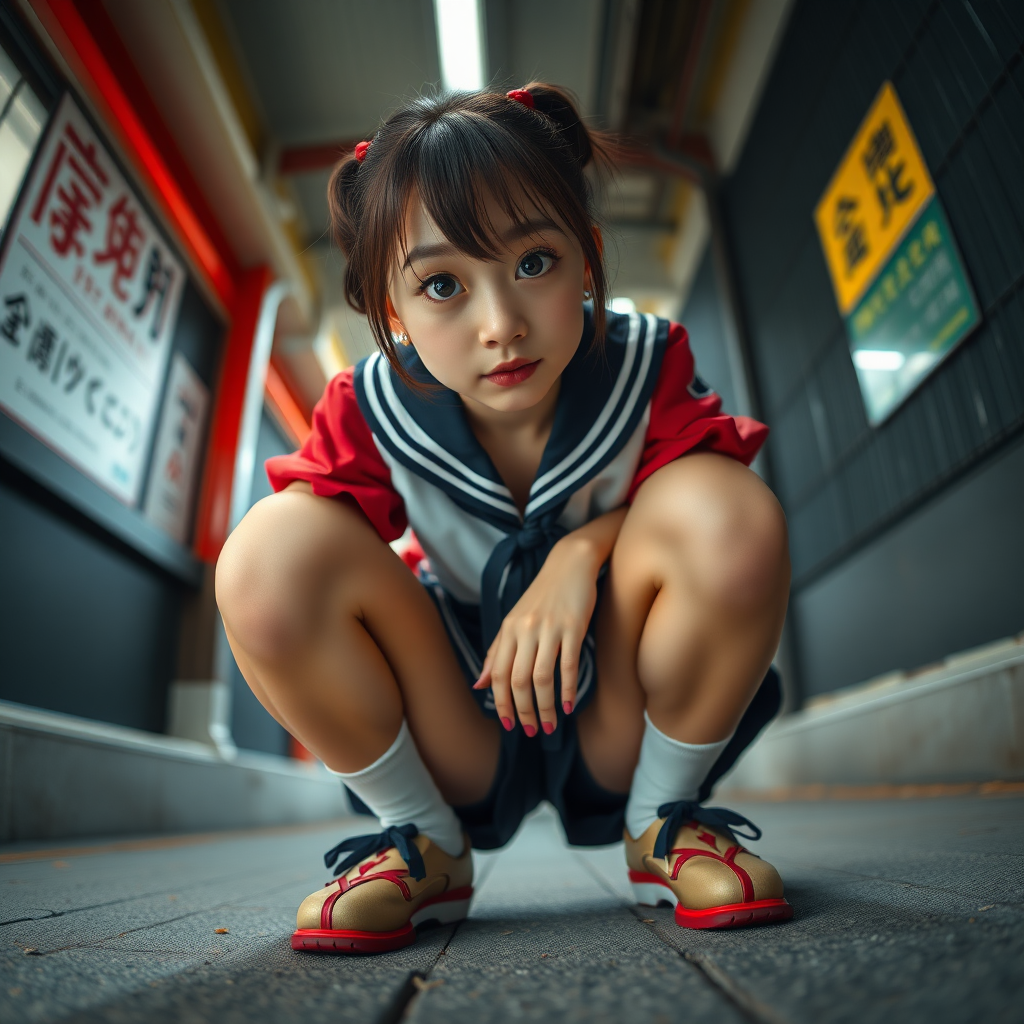 photo hyperrealistic low angle POV full body view beautiful Japanese teen squatting wearing seifuku uniform looking down at viewer